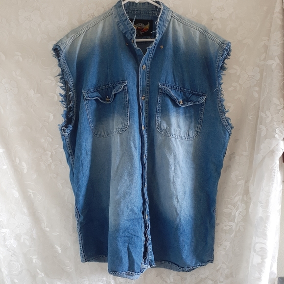 Biker wear 2X plus tank top denim look front pockets graphics on back - Picture 2 of 6